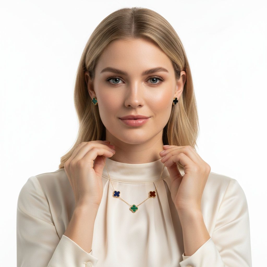 Chain Colorful 5 Motif Quatrefoil Clover Necklace