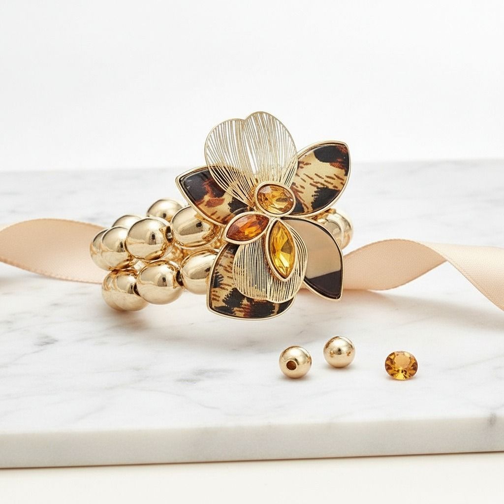 Beaded Leopard Die Cut Gold Flower Bracelet