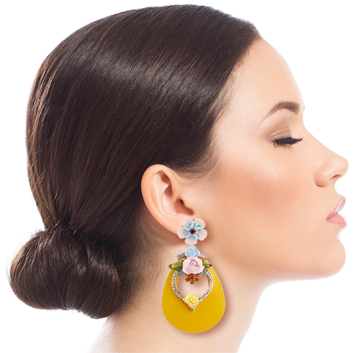 Yellow Teardrop Earrings - Rhinestone & Flower