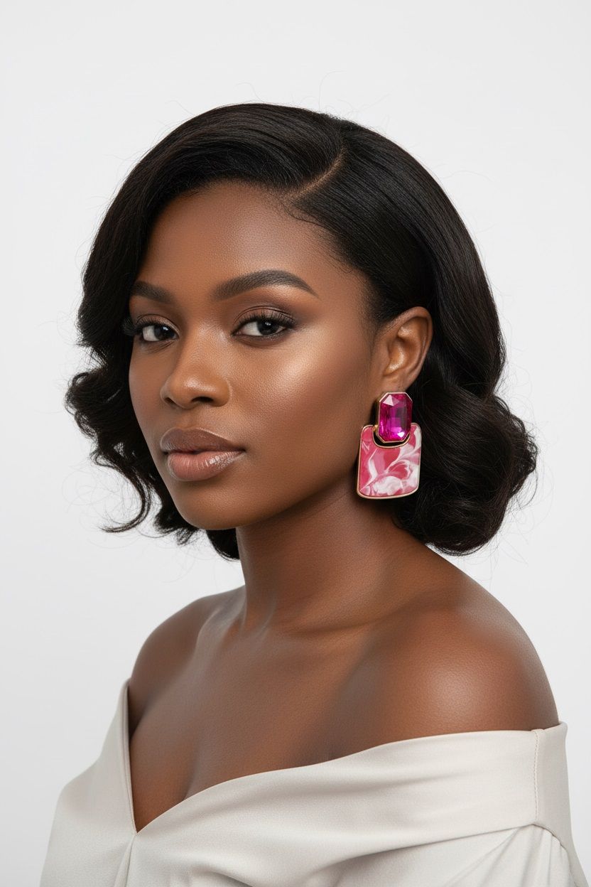 Drop Retro Glam Fuchsia Crystal Marble Earrings