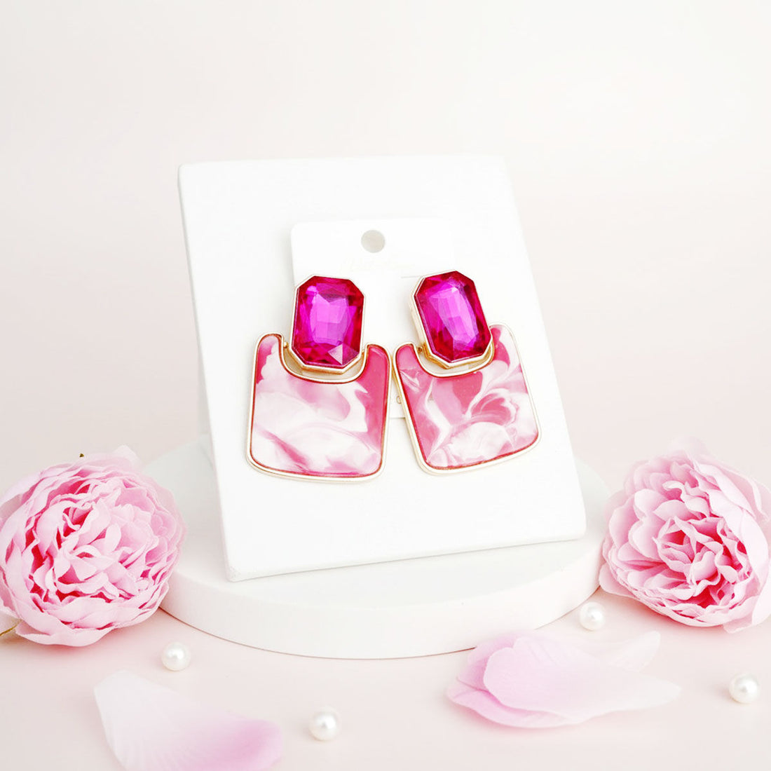 Drop Retro Glam Fuchsia Crystal Marble Earrings