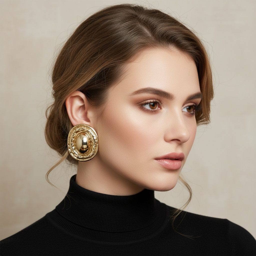 Stud Gold Organic Oval Domed Metal Earrings