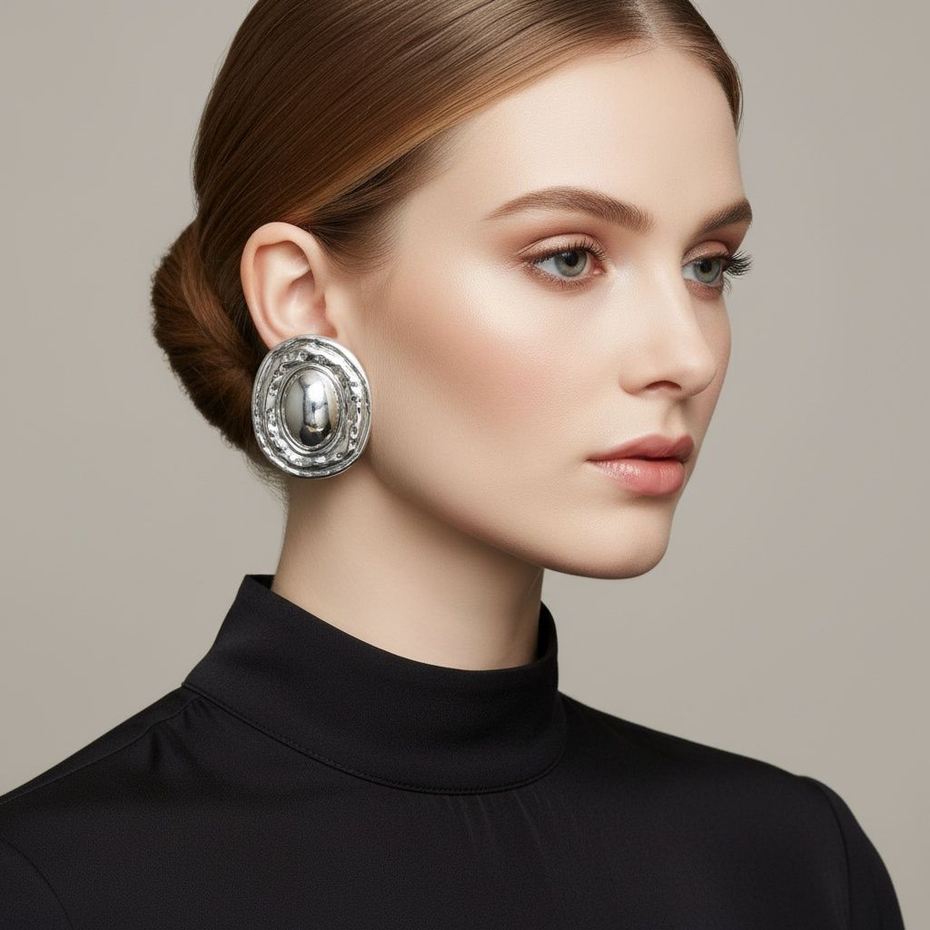 Stud Silver Organic Oval Domed Metal Earrings