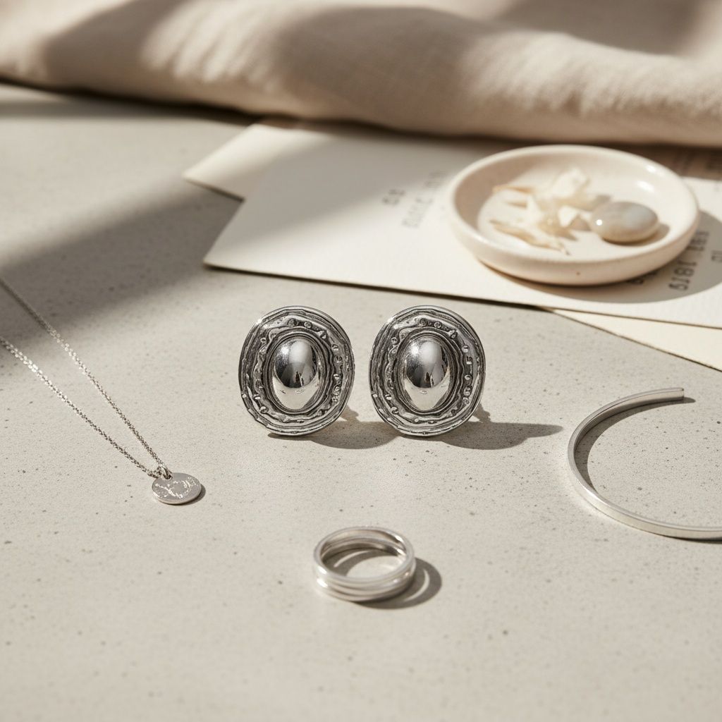Stud Silver Organic Oval Domed Metal Earrings