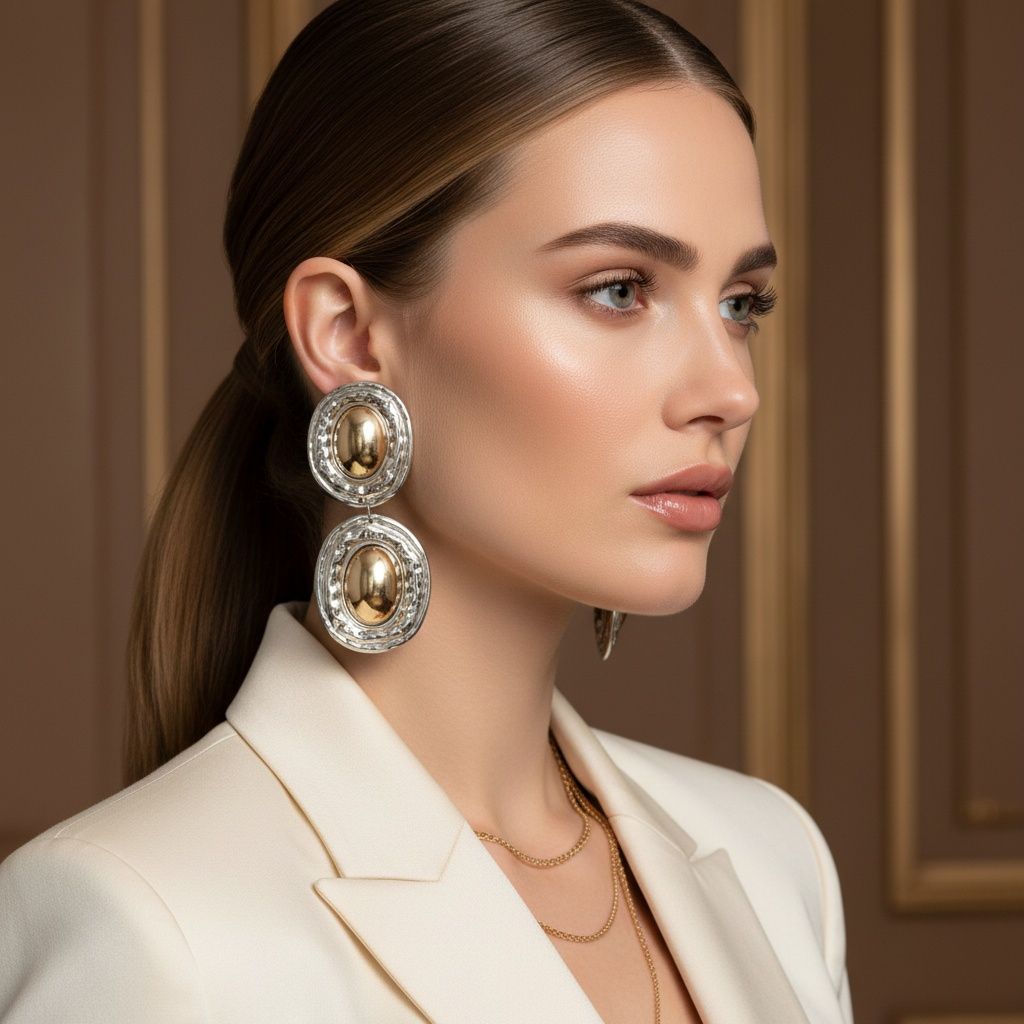 Drop Silver Organic Oval Gold Metal Domed Earrings