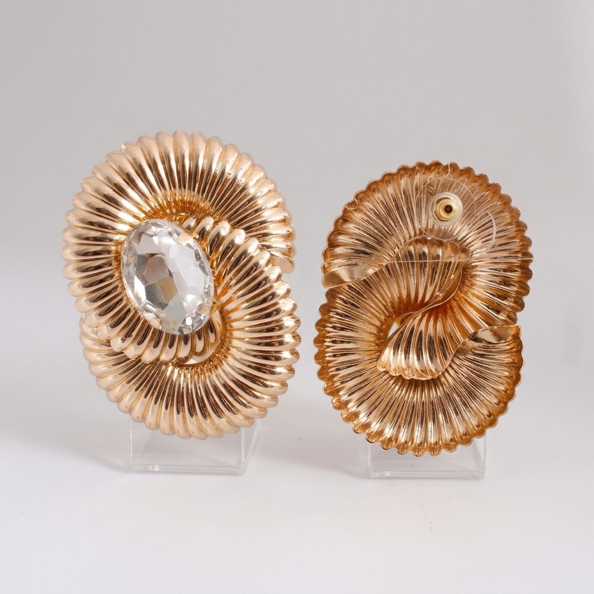 Gold Ribbed Swirl Crystal Stud Earrings
