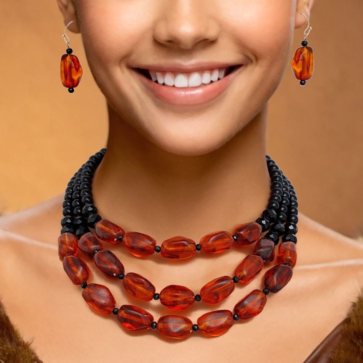 Beaded Warm Caramel Swirls 3 Layer Necklace Women