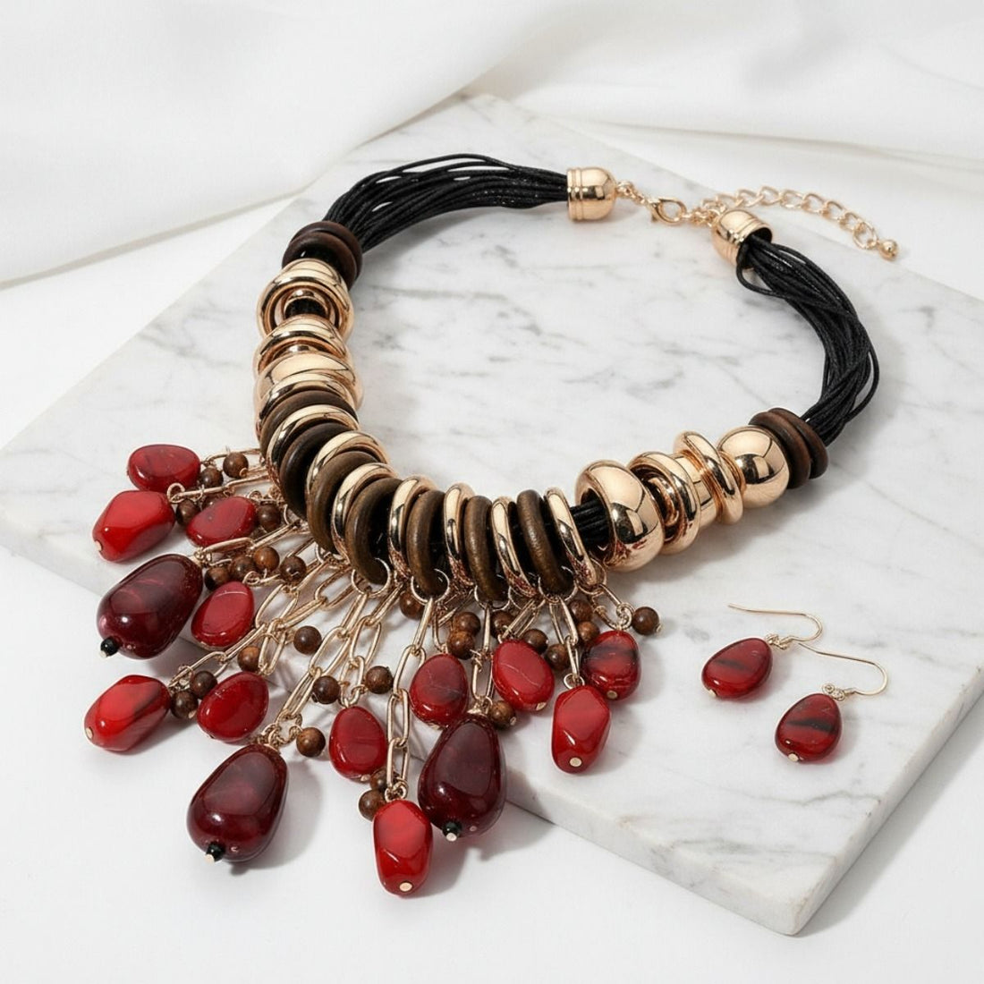 Beaded Red Stone Global Artisan Leather Necklace