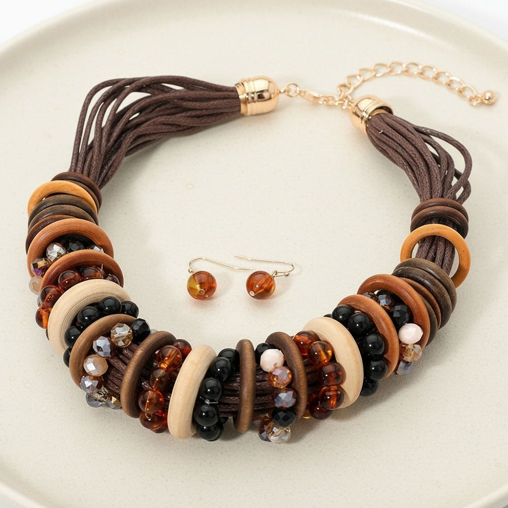 Collar Earthy Artisan Leather Wood Disc Necklace