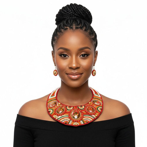 Bead Round Collar Bib Necklace Set - RW Orange