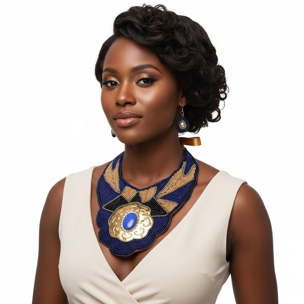 Blue & Gold Beaded Bib Set