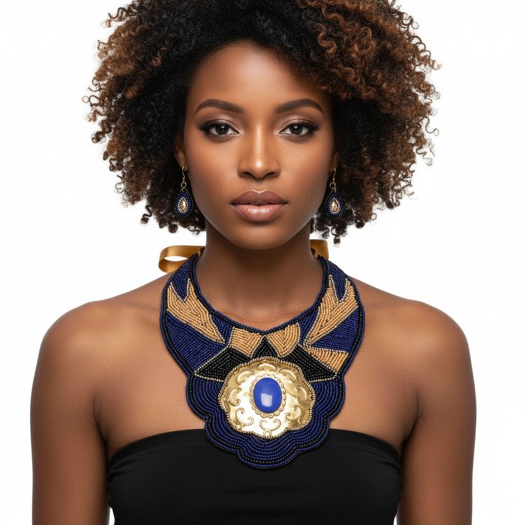 Blue & Gold Beaded Bib Set