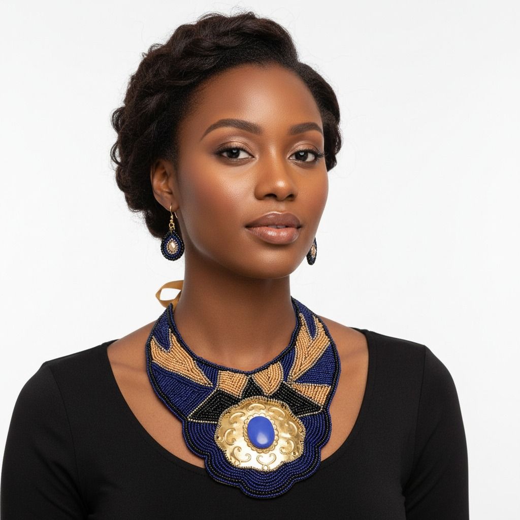 Blue & Gold Beaded Bib Set